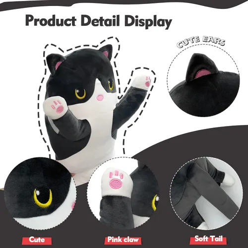 Vista 2 de Almohada larga de felpa de gato, 19.6 pulgadas - Adorable peluche de gato negro - Animales de peluche suaves - Almohada tipo cuerpo de gatito