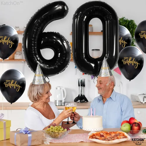 Vista 6 de KatchOn, Globos negros grandes del número 60, 40 pulgadas, globos de aluminio de 60 cumpleaños para decoraciones de cumpleaños, globo 60