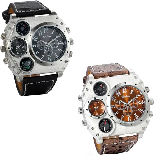 Vista 4 de JewelryWe Reloj militar para hombre, 2 zonas horarias, reloj de cuarzo grande, reloj de pulsera de cuero para hombre, reloj deportivo casual