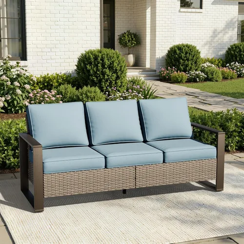 Vista 17 de Joyside - Sofá de mimbre para patio al aire libre, sofá de ratán de 3 plazas con cojines gruesos de olefina y reposabrazos rectangular con marco
