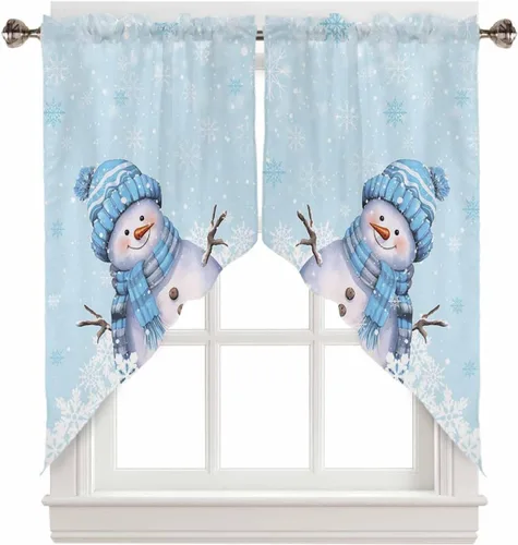Vista 16 de BEMIGO Cortinas de cocina de Navidad, lindas cortinas de granja con muñeco de nieve azul, cenefa con bolsillo para barra de copos de nieve