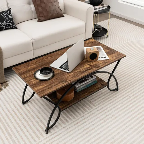 Vista 2 de Giantex Mesa auxiliar rectangular de 2 niveles, mesa de grano de madera con estante de almacenamiento abierto, marco de metal acabado negro, mesa