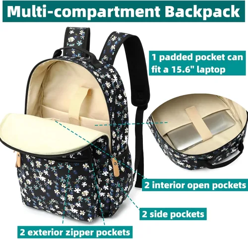 Vista 4 de Mochila para portátil Leaper para mujeres linda mochila floral para niñas para escuela, universidad, viajes, trabajo - mochila ligera para niños