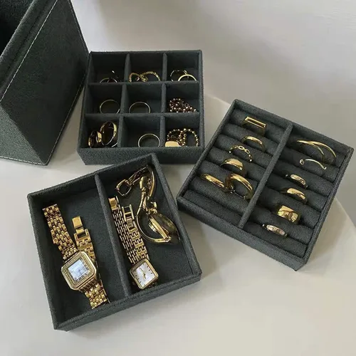 Vista 3 de Lemonadeus Organizador de joyas retro de terciopelo de 3 capas para mujeres y niñas pequeño joyero de viaje portátil aretes collares pulseras