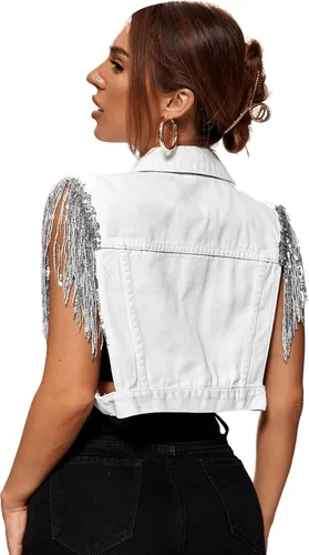 Vista 2 de SweatyRocks Chaqueta vaquera sin mangas con botones y flecos para mujer