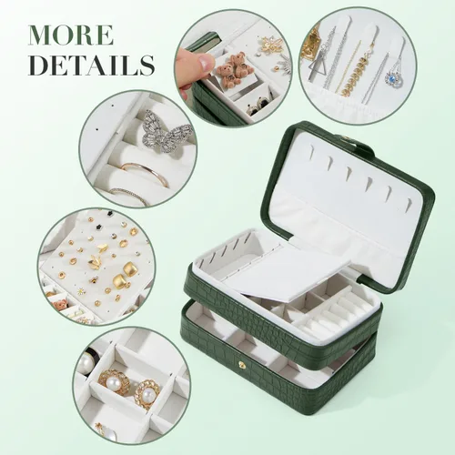 Vista 3 de Estuche organizador de joyas de viaje de piel sintética para mujeres y niñas, joyero portátil de 2 capas para aretes, anillos, collares, pulseras