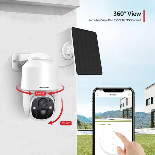 Vista 3 de BOAVISION Cámara de seguridad inalámbrica WiFi al aire libre, cámara con energía solar, inclinación panorámica, visión de 360°, detección humana