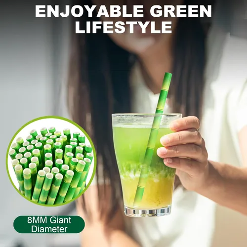 Vista 4 de 14,6 cm x 0,79 cm Pajitas de papel desechables de bambú verde para bebidas cortas, cócteles mezclados, margaritas, licuados y batidos - Sin embalar