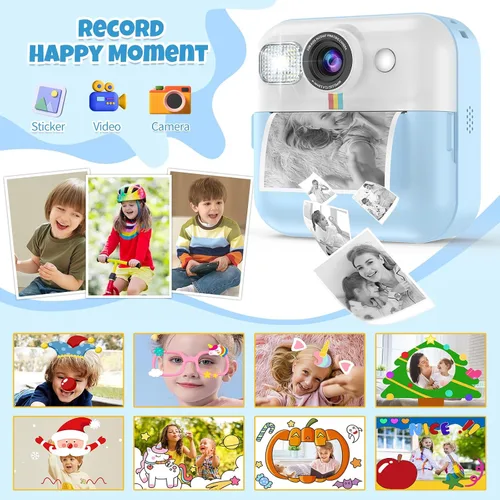 Vista 5 de Cámara para Niños Varones, Cámara de Juguete Portátil de Impresión Azul para Niños Pequeños 1080P Cámaras de Video Niños Cámara de Impresión