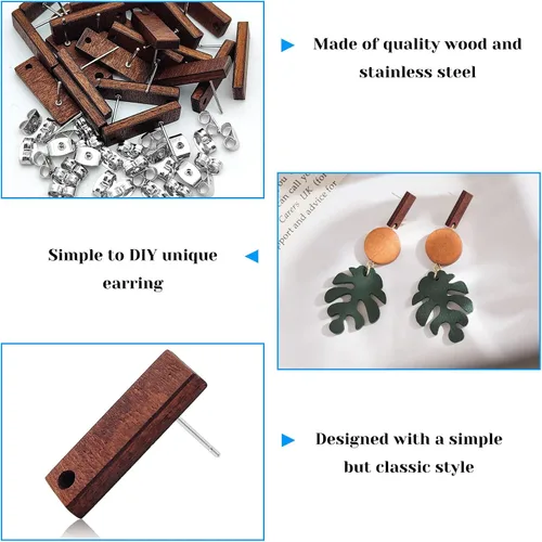 Vista 4 de Postes de madera para la fabricación de joyas, 80 piezas de aretes de madera, aretes de madera, aretes de madera, aretes a granel con parte trasera