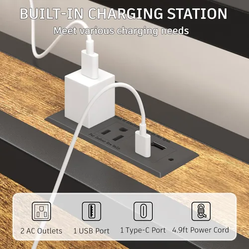 Vista 5 de E-Motie Base de cama de tamaño matrimonial con luces LED y estación de carga, cabecera de almacenamiento de madera con estantes de 2 niveles
