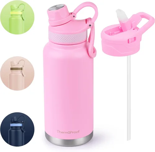 Vista 12 de Botella de agua aislante ThermoProof – Acero inoxidable, boca ancha, tapas abatibles y con boquilla, a prueba de fugas, apta para lavavajillas Ámbar