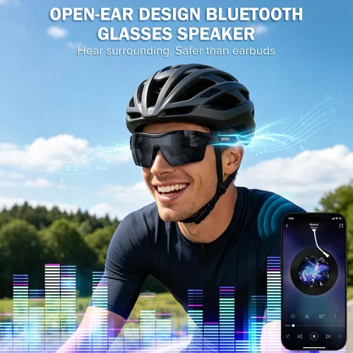 Vista 6 de Gafas de sol deportivas Bluetooth, lentes inteligentes con audio y altavoces integrados, protección UV polarizada, marco negro mate Open-Ear