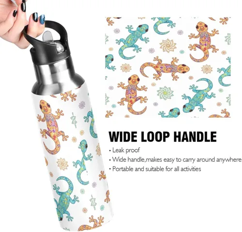 Vista 4 de Insulated Stainless Steel Water Bottle with Straw 20 Oz, BPA-Free Sports Water Bottle for Gym Outdoor Travel School, Funny Geckos Print