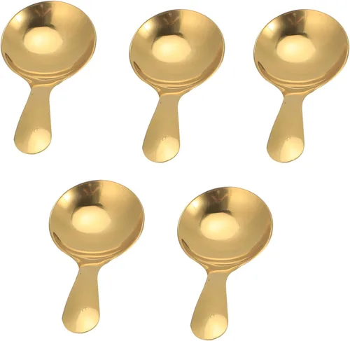 Vista 9 de Watris Veiyi - 5 cucharas de mango corto para condimentos de azúcar, café, té Cucharas pequeñas para postres de sal, mini cucharas doradas