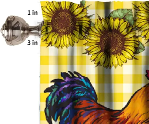 Vista 6 de Cenefa de ventana de gallo de Western Farm, pollo, girasol, retro, con estampado de cuadrícula de búfalo amarillo, bolsillo para barra, tratamientos