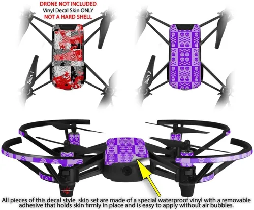 Vista 2 de Skin Decal Wrap 2 Pack Compatible with DJI Ryze Tello Checker Skull Splatter Red Drone NOT Included