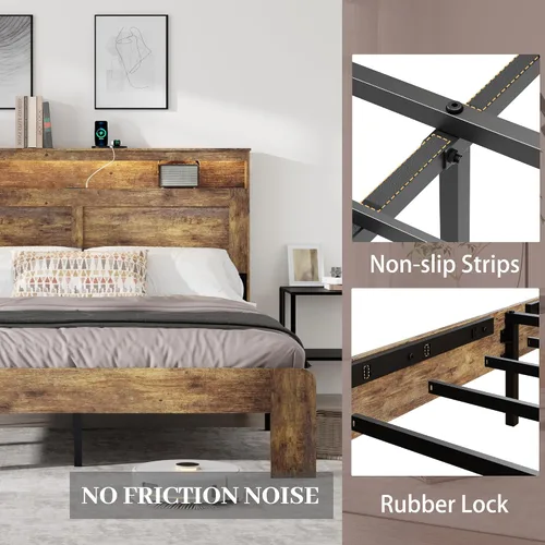 Vista 10 de Armazón de cama de madera tamaño King con cabecero - Plataforma de cama rústica estilo granja con soporte de listones de metal, resistente y sin