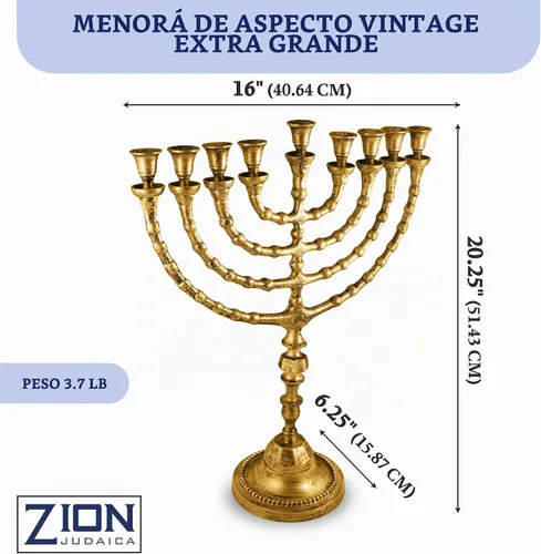 Vista 2 de Menorá tradicional extra grande de Janucá para uso con velas de Shabat o vasos de aceite, Menorá de Hanukkah de aspecto antiguo, para Shul Oro