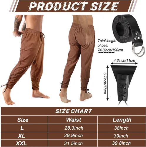 Vista 2 de 3 unidades de pantalones pirata renacentista para hombre, para Halloween, medievales, pirata, con bandas de tobillo, cinturón vikingo para pirata
