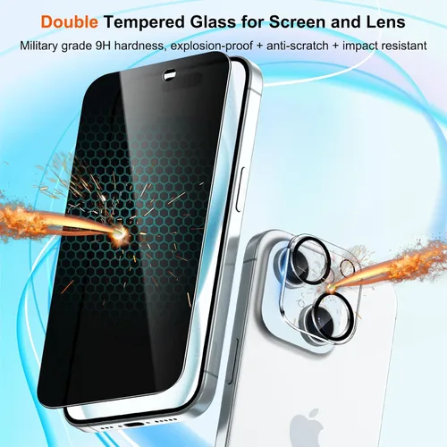 Vista 2 de WHPXJY Paquete de 2 + 3 protectores de pantalla de privacidad para iPhone 15 con protector de lente de cámara, antiarañazos, sin burbujas, fácil