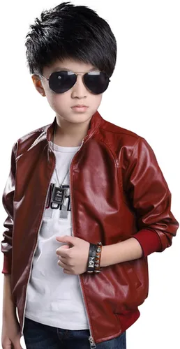 Vista 2 de Chaqueta de cuero para niños, ligera, rompevientos Rock, ROJO