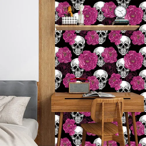 Vista 3 de Sugar Skull Penoy Papel Tapiz Floral de Despegar y Pegar para Dormitorio Negro/Blanco/Rojo Papel de Contacto Removible Decoraciones de Pared