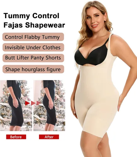 Vista 6 de SHAPERX Fajas moldeadoras con control de abdomen para mujer sin costuras busto abierto pantalones cortos moldeadores de cuerpo a medio muslo