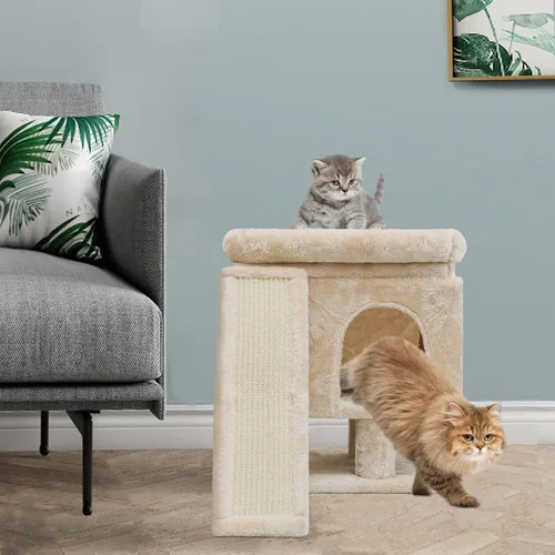 Vista 7 de SYANDLVY Árbol pequeño para gatos grandes de interior, condominio para gatitos con poste rascador y tabla, torre de actividades moderna con cueva