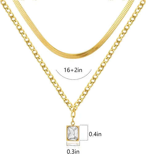 Vista 7 de Yonhi 2 collares de capas chapados en oro para mujer, gargantillas de cadena de serpiente, cadenas de espiga de eslabones planos con colgantes