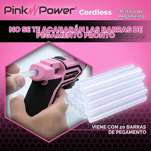 Vista 4 de Pink Power - Mini kit de pistola de pegamento caliente inalámbrica con soporte, batería de 20 palos