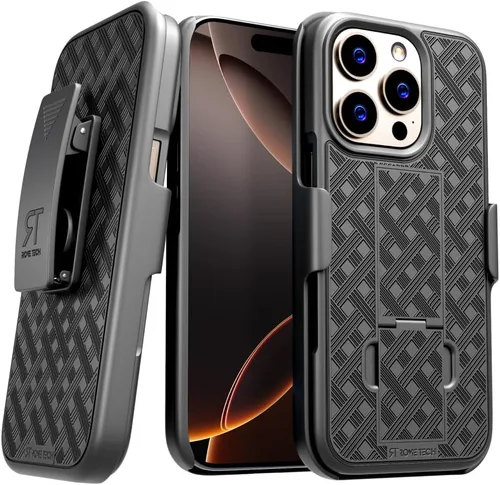 Vista 6 de Funda diseñada para iPhone 15 con funda de clip para cinturón, funda con función atril, color negro