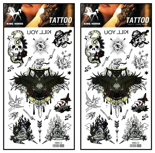 Vista 6 de Tatuajes 2 hojas azul rosa serpiente dragón calavera ala temporal tatuajes arte corporal pegatinas falsas impermeables extraíbles
