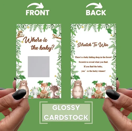 Vista 3 de Juego de rascar para baby shower, 50 tarjetas con el tema ¿Dónde está el bebé? Juegos YoungFun con adorables animales del bosque para revelaciones