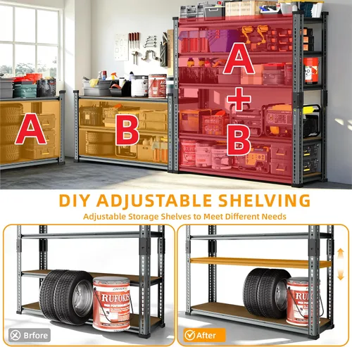 Vista 4 de 3000LBS Heavy Duty Garage Shelving, Real 0.8mm Single-Layer Steel Frame, 5-Tier Metal Storage Shelves (46" W x 20" D x 72" H), Adjustable Boltless