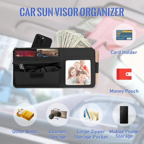 Vista 6 de Organizador de visera para automóvil, bolsa de almacenamiento organizadora de visera con marco de fotos y soporte para lentes de sol, práctico
