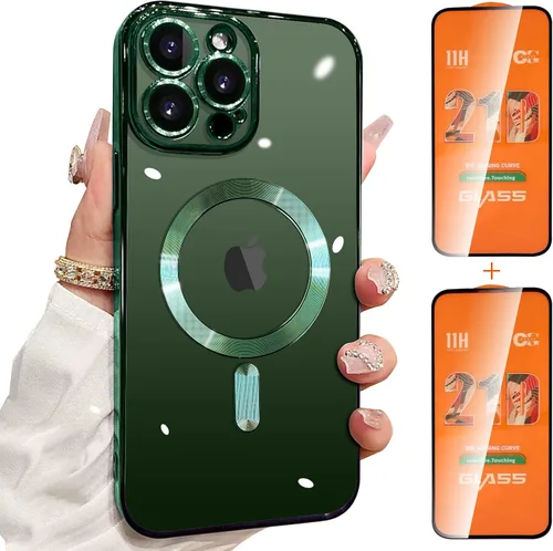 Vista 8 de Magsafe - Funda para iPhone 13 Pro Max, funda magnética transparente para teléfono con protector de pantalla y cubierta de cámara, funda galvanizada