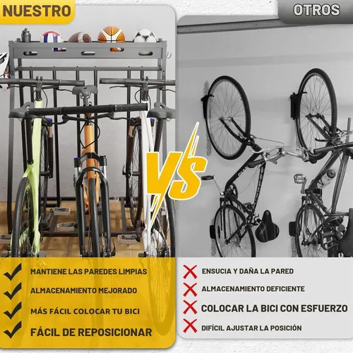 Vista 6 de Soporte de 3 bicicletas estable para bicicletas, garaje con cestas de almacenamiento para interiores, estante de almacenamiento de bicicletas