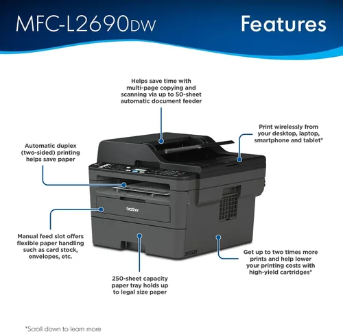 Vista 3 de Brother MFC L26 Series Impresora láser compacta monocromática todo en uno, impresión dúplex automática, 250 hojas, inalámbrica, impresión móvil