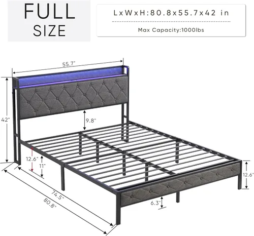Vista 2 de Full Bed Frame Metal, Charging Station and Led Lights, Upholstered Platform Bed with Heavy Metal Slats, No Box Spring Needed, Noise Free, Easy
