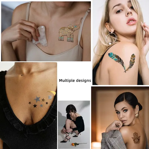 Vista 4 de 12 hojas de tatuajes temporales metálicos dorados destellantes para mujeres y niñas, impermeables, dorados y plateados, calcomanías de tatuaje