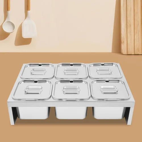 Vista 3 de Recipientes de condimentos de acero inoxidable, 6 estaciones de cobertura de pizza de 2.4 L, para preparar ingredientes y coberturas, recipientes