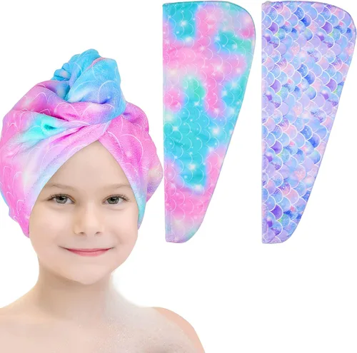 Vista 10 de Basumee Toalla Envolvente de Microfibra para el Cabello para Niños Paquete de 2 Toallas de Cabello de Secado Rápido con Botón Turbantes para Cabello