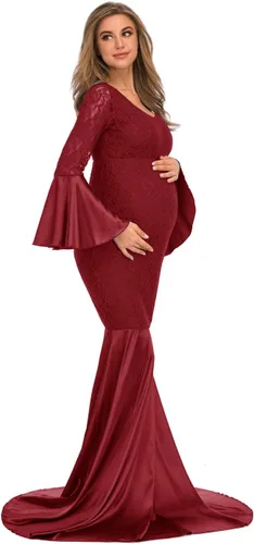 Vista 5 de ZIUMUDY Vestido ajustado de encaje de maternidad de manga larga maxi sirena fotografía vestido baby shower sesión de fotos
