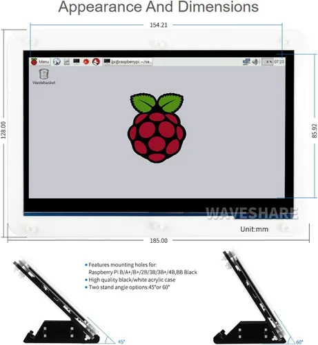 Vista 5 de waveshare Kit de pantalla compatible con Raspberry Pi 4 Modelo B 7 pulgadas LCD táctil capacitiva micro tarjeta y etc.