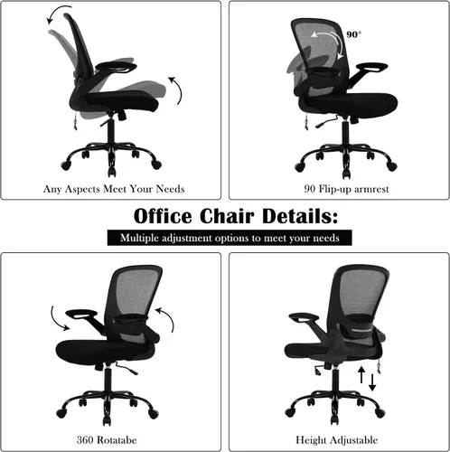 Vista 6 de Silla de oficina en casa, silla de escritorio ergonómica, silla de computadora de malla con brazos abatibles, altura ajustable, respaldo medio