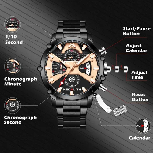 Vista 5 de MEGALITH Reloj para hombre de 1.772 in de acero inoxidable, cronógrafo, resistente al agua, analógico, de cuarzo, con fecha, resistente