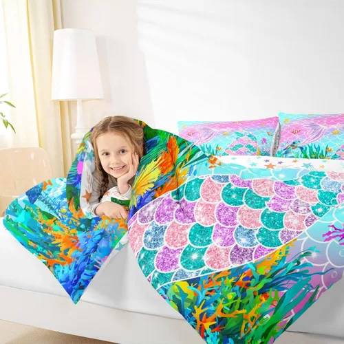 Vista 7 de Feelyou Juego de ropa de cama de sirena suave para niños y niñas, juego de edredón de escamas de peces oceánicos, tamaño individual, edredón