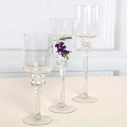 Vista 6 de Efavormart - Juego de 3 portavelas de mesa cilíndricos de cristal de tallo largo transparente