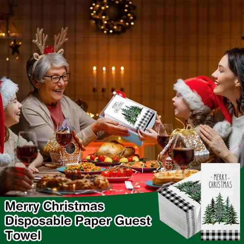 Vista 6 de 100 Piezas Servilletas de Navidad a Granel Navideñas Toallas de Mano de Papel Desechables para Invitados Servilletas de Cóctel con Árbol de Navidad